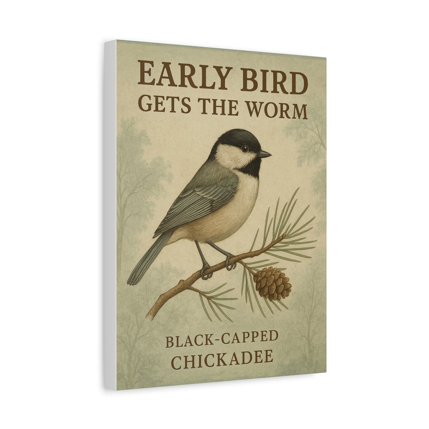 "EARLY BIRD GETS THE WORM", Black-Capped Chickadee Vintage Canvas