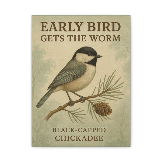 "EARLY BIRD GETS THE WORM", Black-Capped Chickadee Vintage Canvas