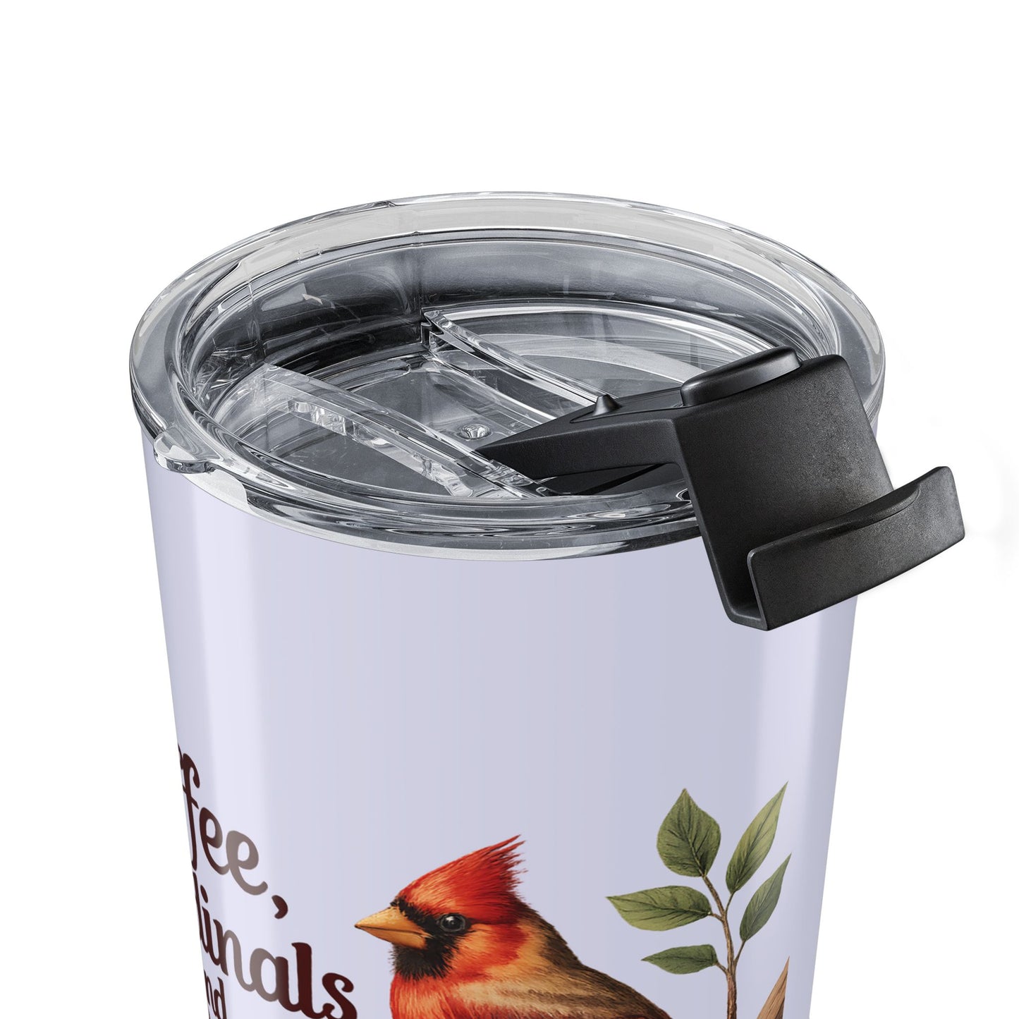 "Coffee, Cardinals, and Contentment" Personalized Tumbler, Lavender Gray