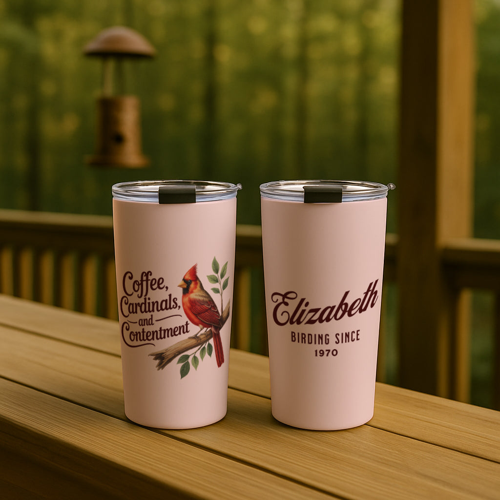 "Coffee, Cardinals, and Contentment" Personalized Tumbler, Blush Pink