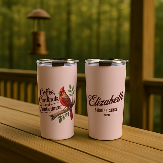"Coffee, Cardinals, and Contentment" Personalized Tumbler, Blush Pink