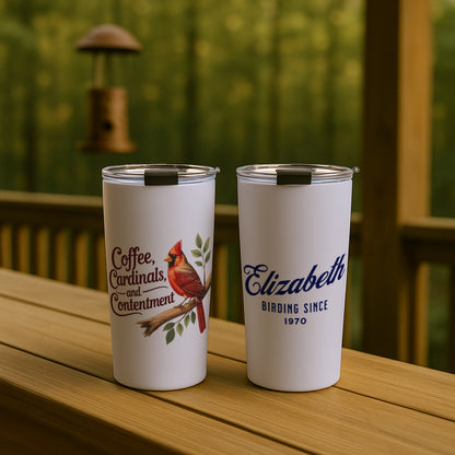 "Coffee, Cardinals, and Contentment" Personalized Tumbler, Lavender Gray