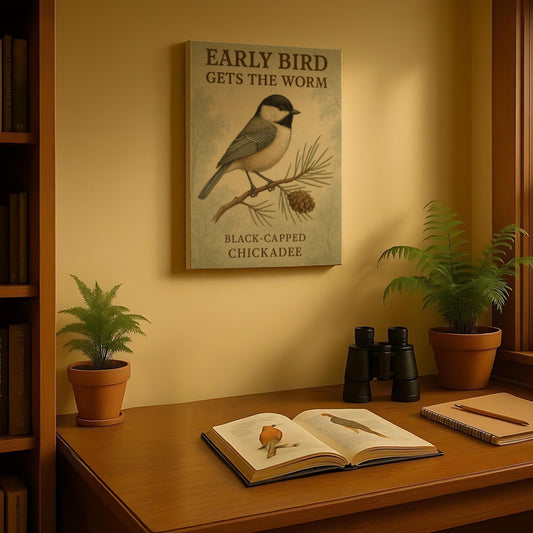 "EARLY BIRD GETS THE WORM", Black-Capped Chickadee Vintage Canvas
